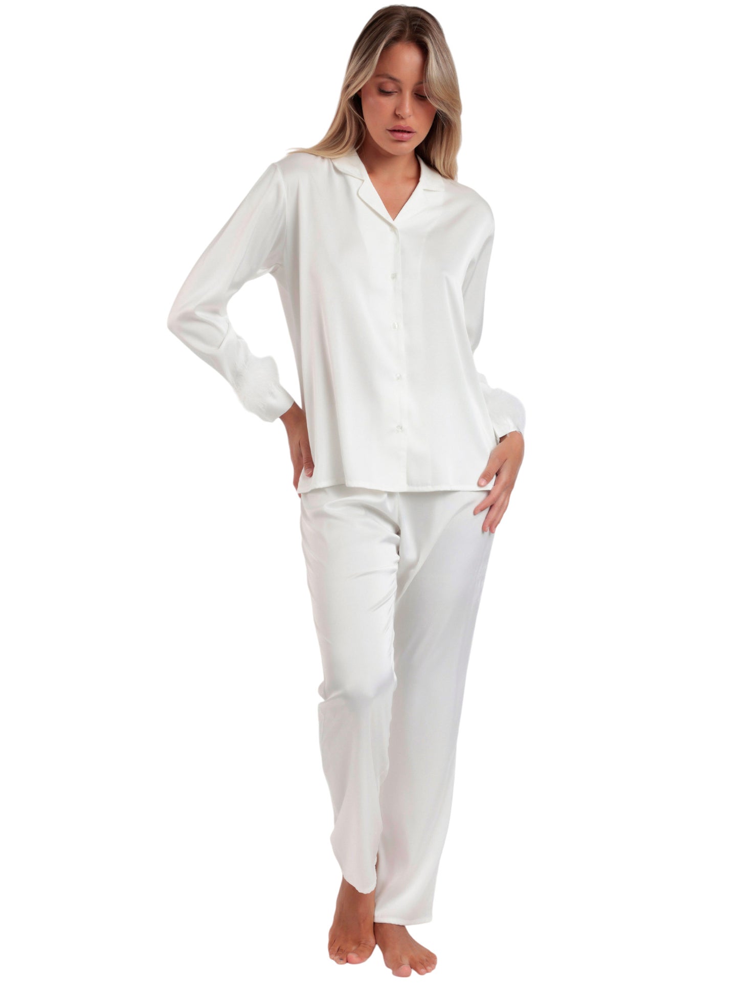 Pyjama satin chemise et pantalon plumes amovibles Plumas Marabu Luxe Admas