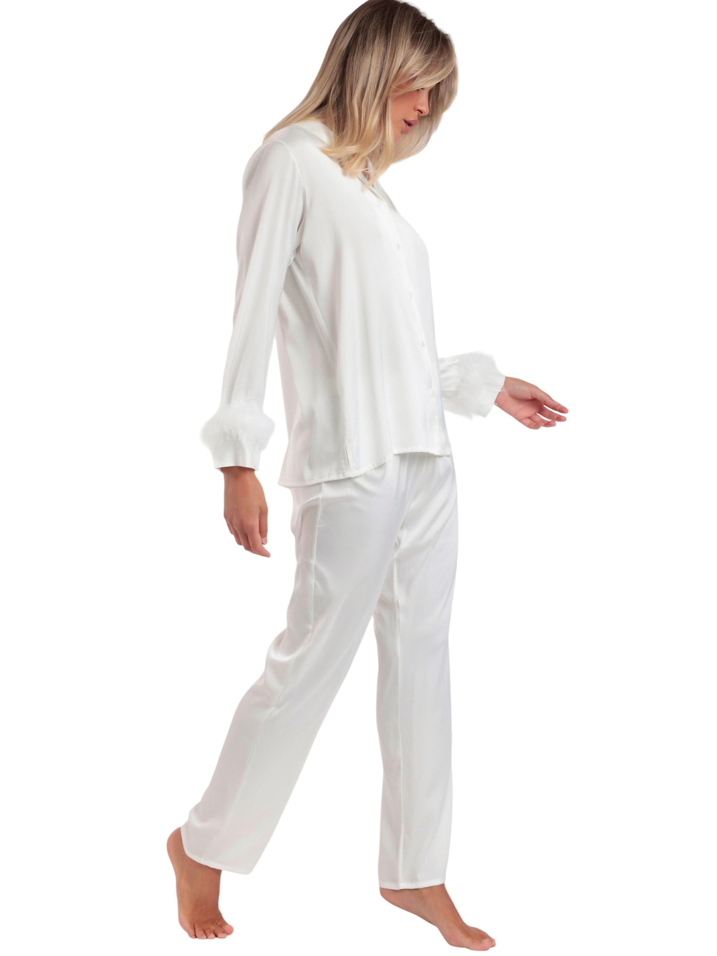 Pyjama satin chemise et pantalon plumes amovibles Plumas Marabu Luxe Admas